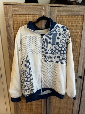 Vintage 1980’s Janeve White & Navy Patterned Bomber Jacket - Women